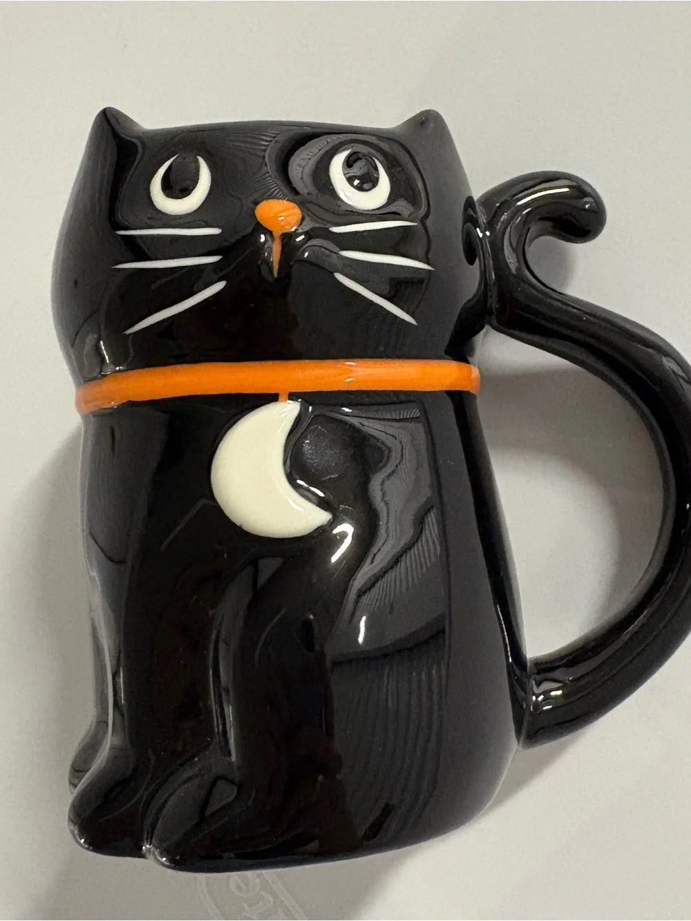 Black Cat Ceramic Mug with Orange Collar and White Moon Accent Halloween decor